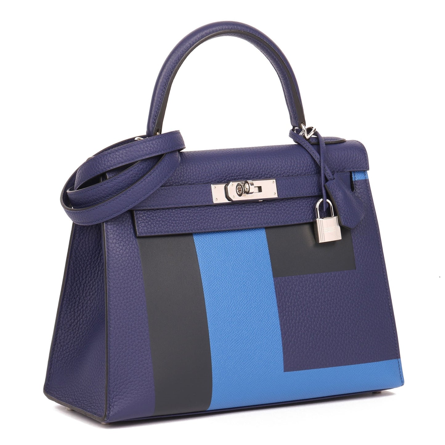 Hermes Blue Encre, Blue Zellige, Black, Vert Cypress, Clemence, Epsom & Sombrero Leather Kellygraphie Lettre E Kelly 28cm Sellier Shoulder Bag