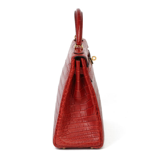 Hermes Rouge H Matte Mississippiensis Alligator Leather Kelly 32cm Retourne Shoulder Bag