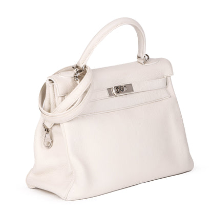 Hermes White Clemence Leather Kelly 32cm Retourne Shoulder Bag