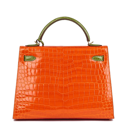 Hermes Braise, Tangerine & Vert Anis Shiny Porosus Crocodile Leather Special Order HSS Kelly 32cm Sellier Shoulder Bag