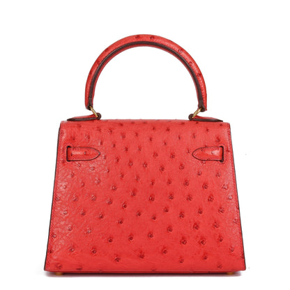 Hermes Rouge Vif Ostrich Leather Kelly 20cm Sellier Shoulder Bag