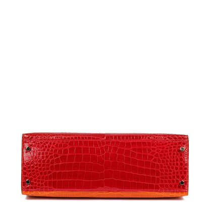 Hermes Braise, Tangerine & Vert Anis Shiny Porosus Crocodile Leather Special Order HSS Kelly 32cm Sellier Shoulder Bag