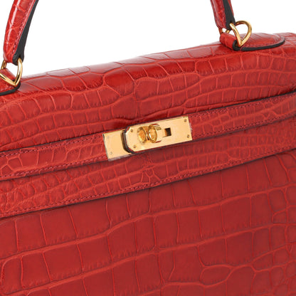 Hermes Rouge H Matte Mississippiensis Alligator Leather Kelly 32cm Retourne Shoulder Bag