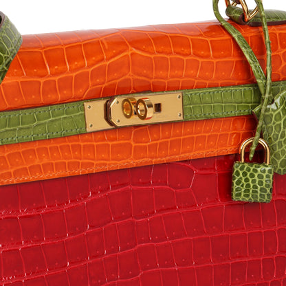 Hermes Braise, Tangerine & Vert Anis Shiny Porosus Crocodile Leather Special Order HSS Kelly 32cm Sellier Shoulder Bag