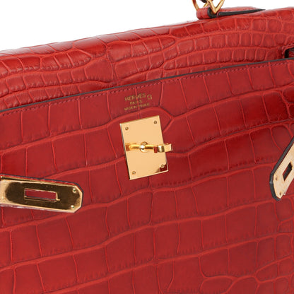 Hermes Rouge H Matte Mississippiensis Alligator Leather Kelly 32cm Retourne Shoulder Bag