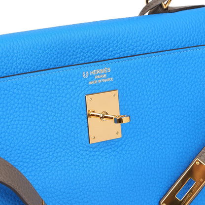 Hermes Blue Hydra & Etain Clemence Leather Special Order HSS Kelly 35cm Retourne Shoulder Bag