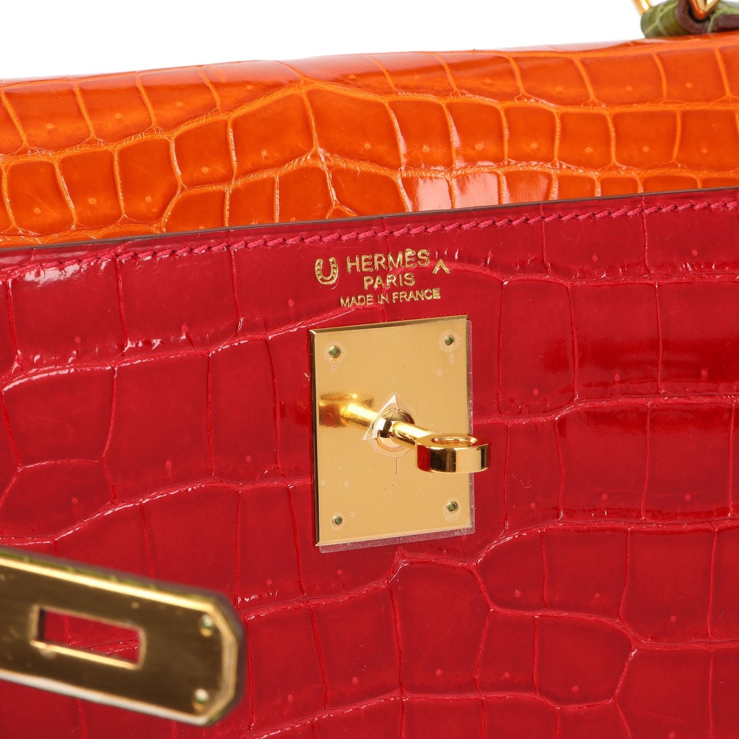 Hermes Braise, Tangerine & Vert Anis Shiny Porosus Crocodile Leather Special Order HSS Kelly 32cm Sellier Shoulder Bag