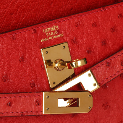 Hermes Rouge Vif Ostrich Leather Kelly 20cm Sellier Shoulder Bag