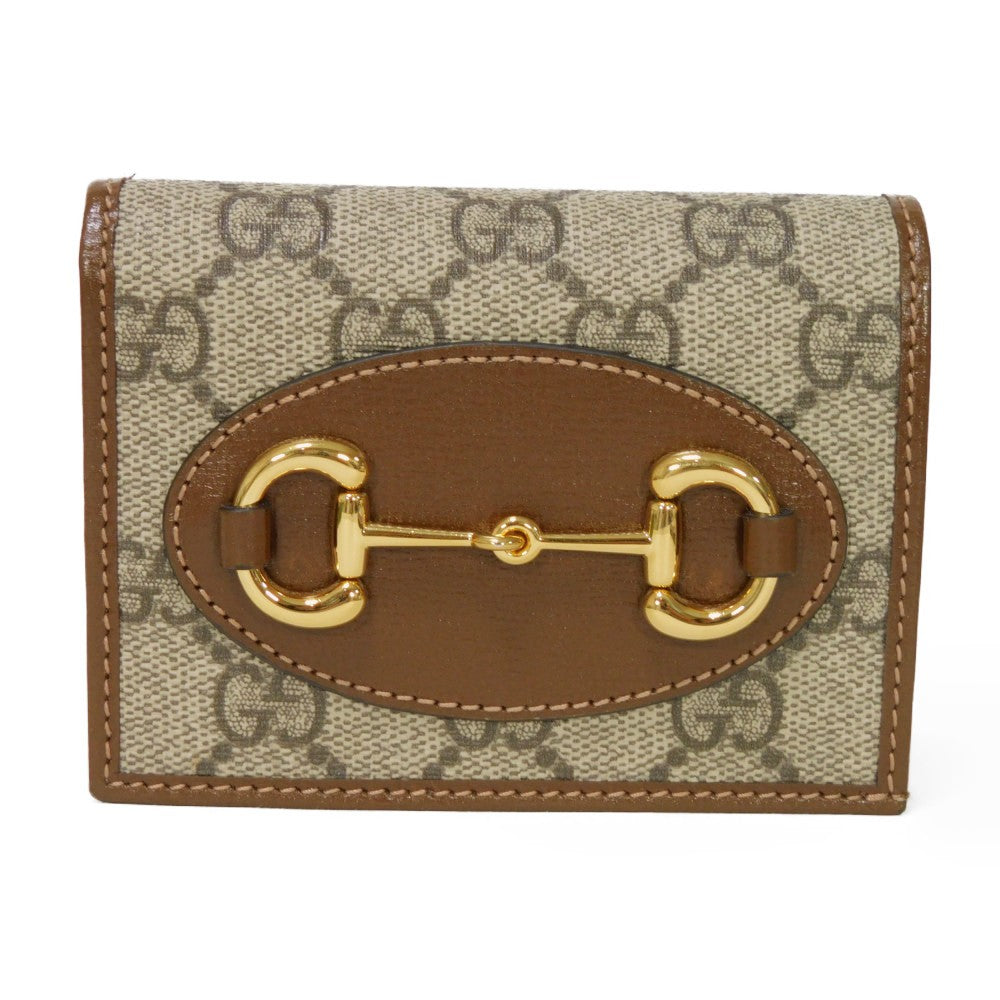 GUCCI Bifold Wallet 621887 92TCG 8563 GG Supreme Canvas x Calfskin Leather (embossed) Beige x Ebony GG Supreme Horsebit 1955 Compact Wallet Women() Used