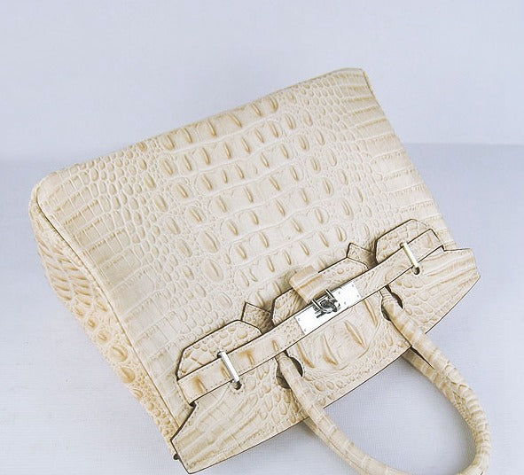 Hermes Birkin 30cm Crocodile Head Vein Handbags Beige Silver