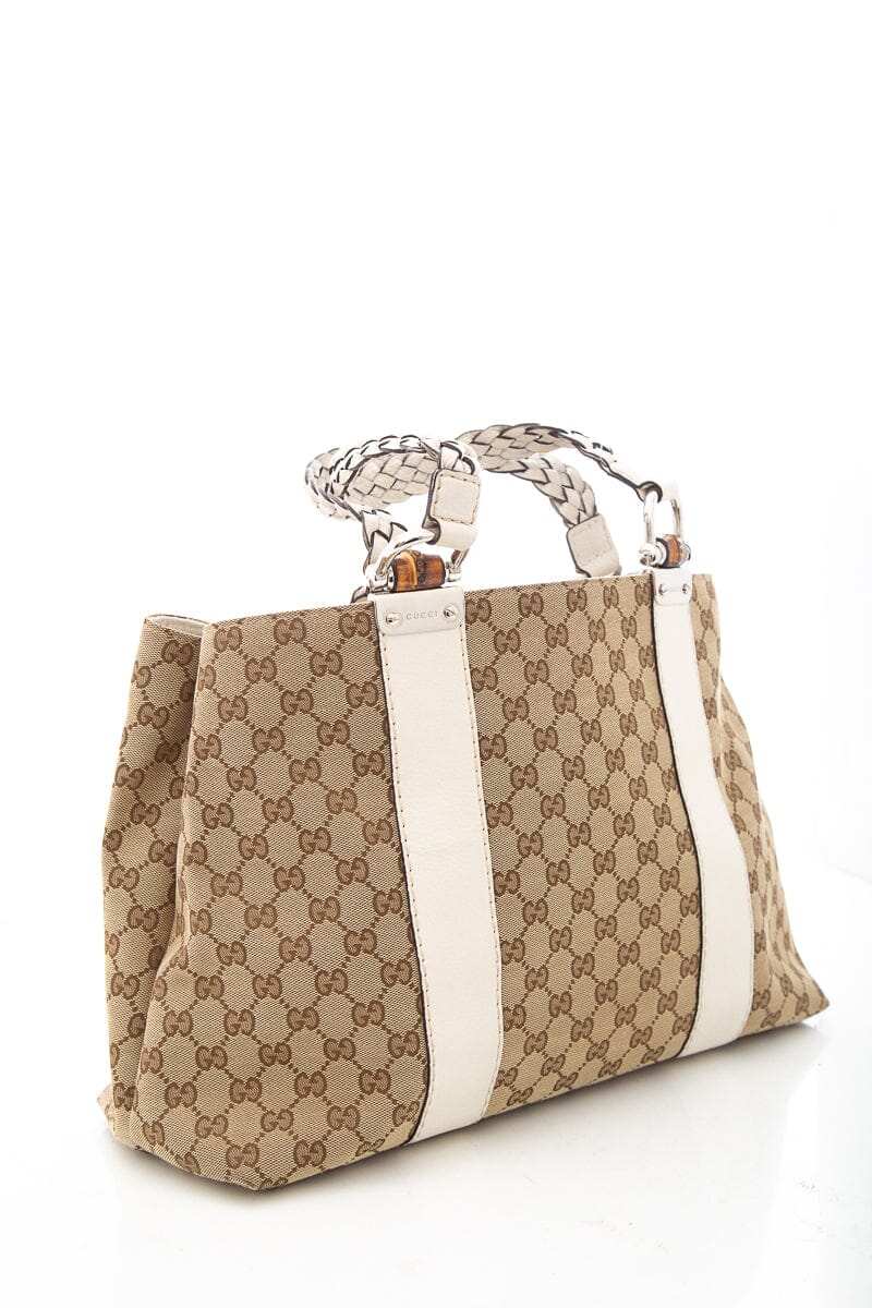 Gucci Brown & White Canvas Supreme Braided Handle Tote