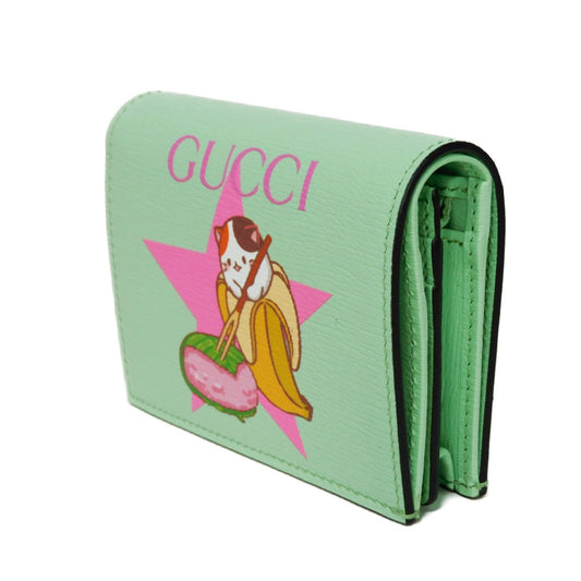 GUCCI Bifold Wallet 701009 U22AG 3067 Textured leather Mint green logo Bananya Compact Wallet Women Used