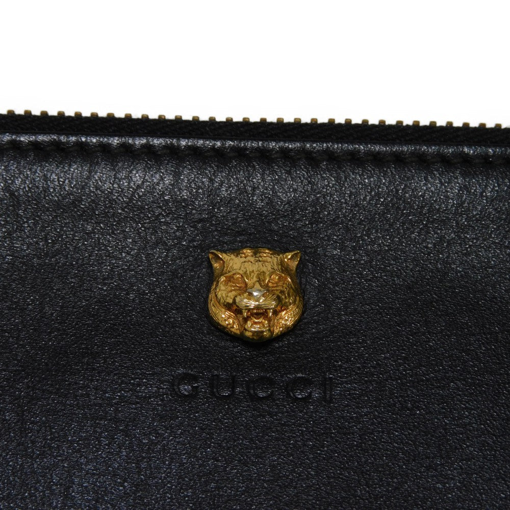 GUCCI Clutch bag 428724 AP00T 1000 Smooth Calfskin Leather black Logo embossing Animalier Cat Tiger Pouch mens Secondhand