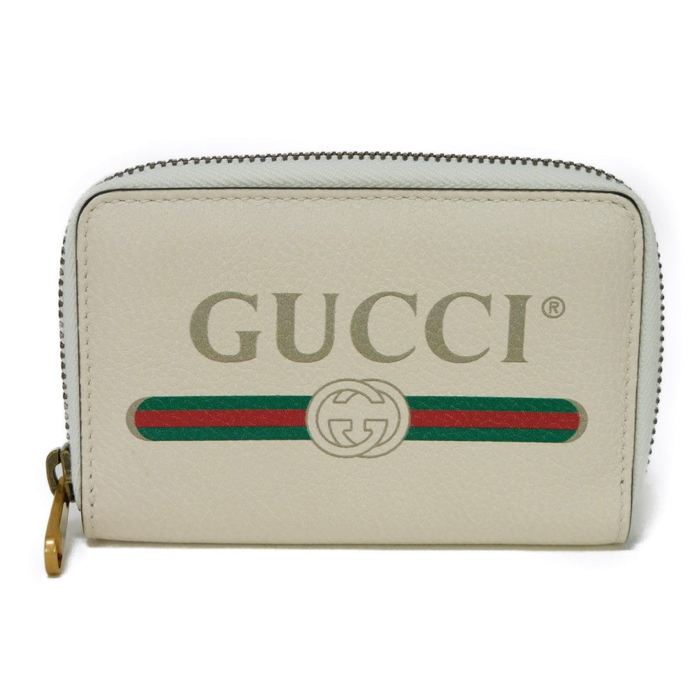 GUCCI Coin case 496319 0GCAT 8820 Textured leather Ivory x green x red Vintage logo print Compact zip-around wallet Women Used