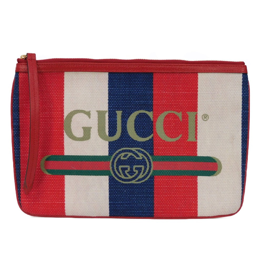 GUCCI Clutch bag 524788 9SBCG 9093 Baiadella Linen Canvas x Calfskin Leather Tricolor Logo stripe Baiadera Pouch mens Used