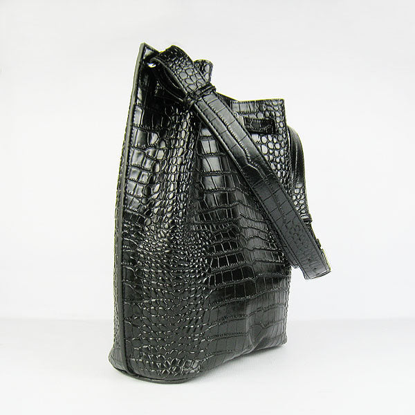 Hermes Crocodile Vein Shoulder Bag H2804 Black Silver