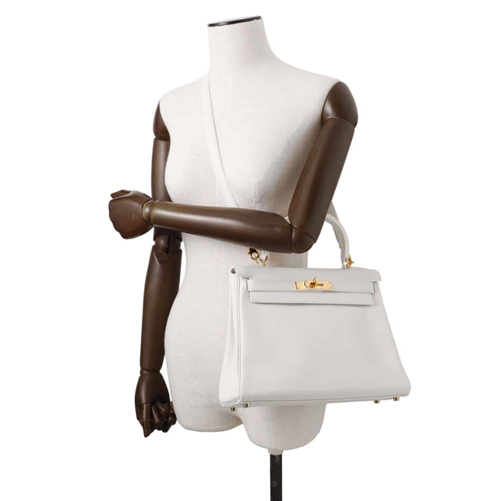 HERMES Kelly Retourne White Swift Leather Size 28