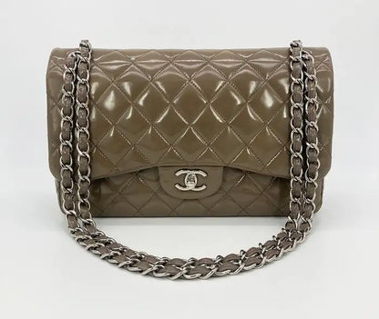 Chanel Olive Grey Patent Leather Jumbo Double Flap Classic 2.55