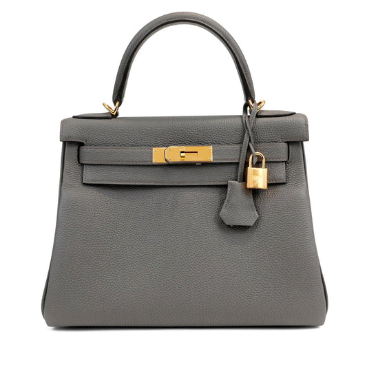 Hermes 28cm Gris Etoupe Togo Kelly w/ Gold Hardware