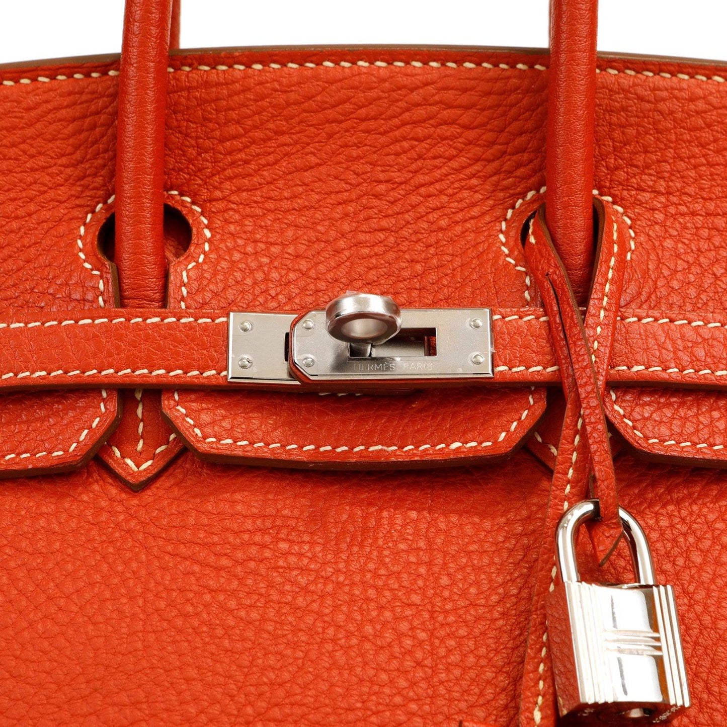 Hermes 25cm Rouge Tomate Togo Birkin w/ White Stitching & Palladium Hardware