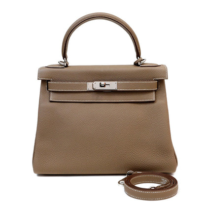 Hermes 28cm Etoupe Togo Kelly w/ Palladium Hardware & White Stitching