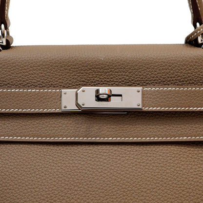 Hermes 28cm Etoupe Togo Kelly w/ Palladium Hardware & White Stitching