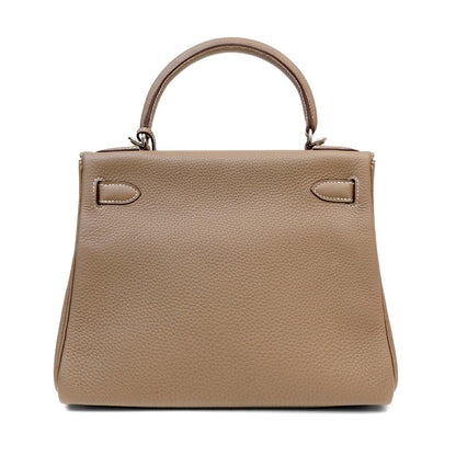 Hermes 28cm Etoupe Togo Kelly w/ Palladium Hardware & White Stitching