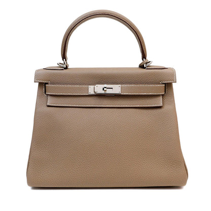 Hermes 28cm Etoupe Togo Kelly w/ Palladium Hardware & White Stitching