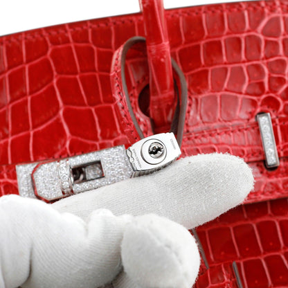 Hermes 25cm Braise Red Crocodile Birkin w/ Diamond White Gold Hardware