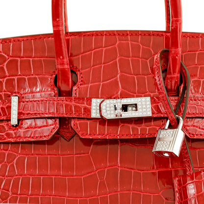 Hermes 25cm Braise Red Crocodile Birkin w/ Diamond White Gold Hardware