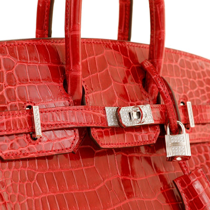 Hermes 25cm Braise Red Crocodile Birkin w/ Diamond White Gold Hardware