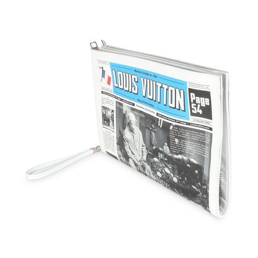 White Multicolor Calfskin Newspaper Print Pouch