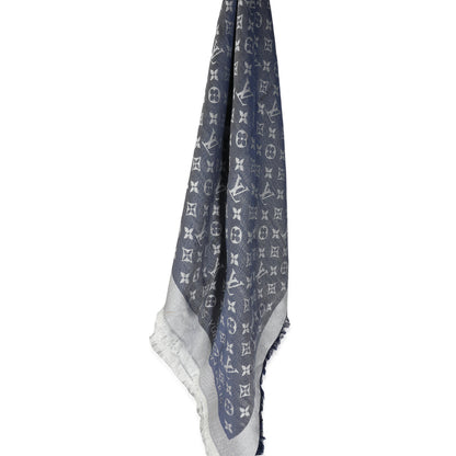 Blue Denim Silk Wool Monogram Shine Shawl