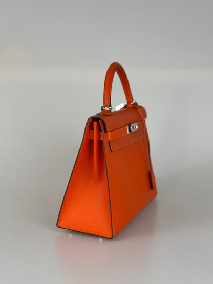 Hermes Kelly Sellier Orange Epsom Leather Bag Silver Hardware