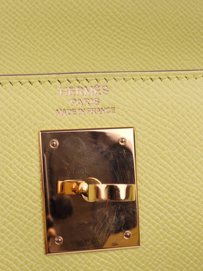 Hermes Kelly 32 Epsom Lime RHW Stamp Square Q.