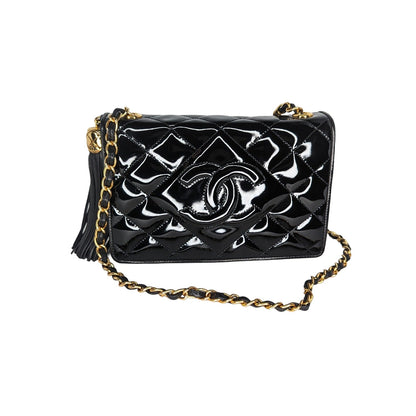 Chanel Vintage Patent Leather Quilted CC Tassel Flap Bag