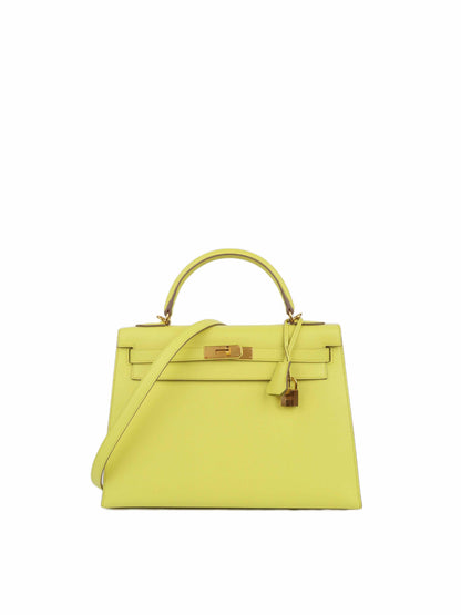 Hermes Kelly 32 Epsom Lime RHW Stamp Square Q.