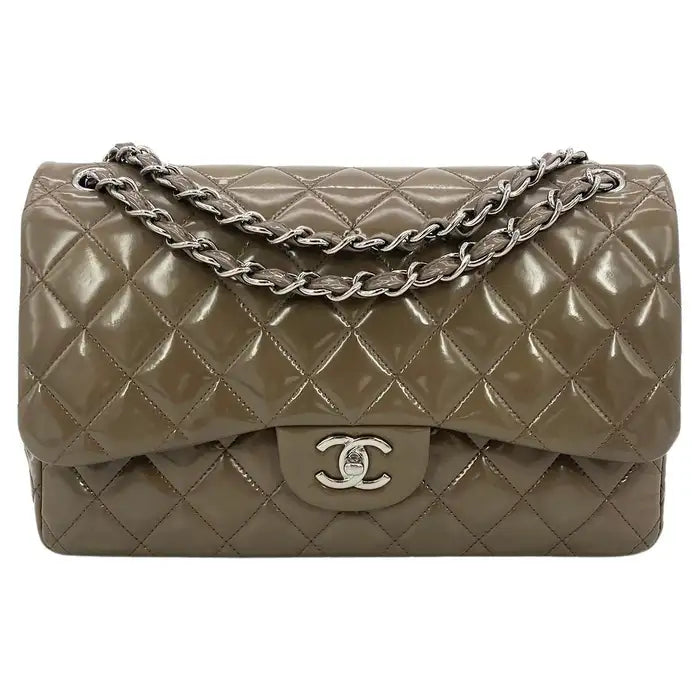 Chanel Olive Grey Patent Leather Jumbo Double Flap Classic 2.55