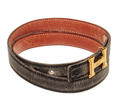 Hermes Black Brown Vintage Skinny Leather H Belt