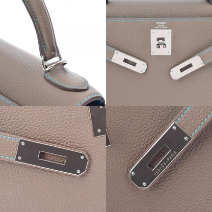 Hermes Kelly 28 Inseam Etoupe/Blue Aztic Palladium Metal Fittings N Engraved (around 2010) Ladies Togo Bag