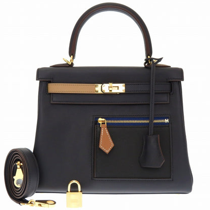 Hermes Kelly 25 Colormatic Swift Blue/Black/Chai/Etoupe/Gold U Engraved () HandBag