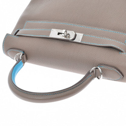 Hermes Kelly 28 Inseam Etoupe/Blue Aztic Palladium Metal Fittings N Engraved (around 2010) Ladies Togo Bag