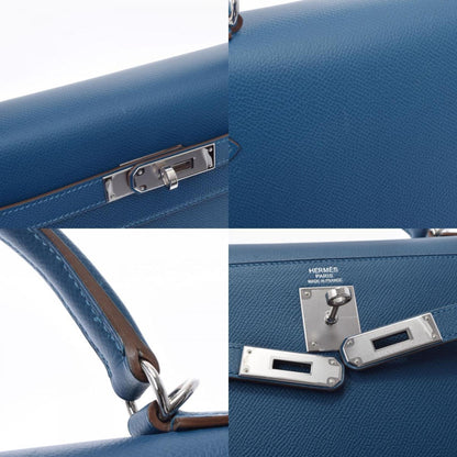 Hermes Kelly Flag 32 Bag outer stitch blue Thalasso white palladium metal fittings  Q engraved (around 2013) Ladies Vaux Epson handBag