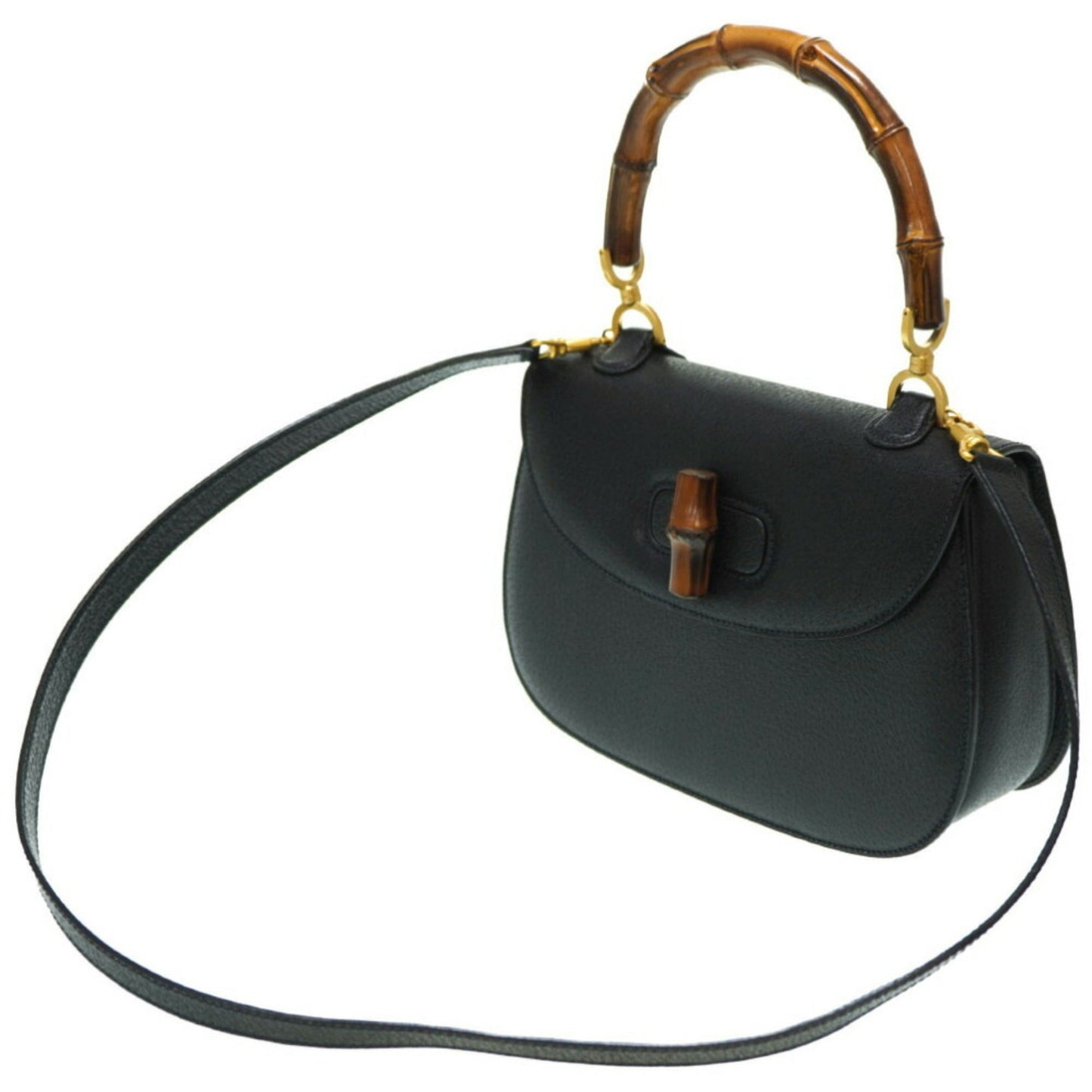 GUCCI bamboo leather shoulder hand bag black with strap