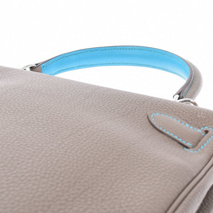 Hermes Kelly 28 Inseam Etoupe/Blue Aztic Palladium Metal Fittings N Engraved (around 2010) Ladies Togo Bag