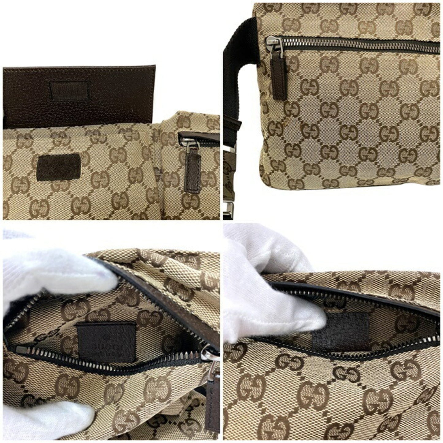 Gucci Body Bag Beige Brown GG Canvas 28566 002058 Waist Pouch Leather Gucci Belt Velcro Women's Men's