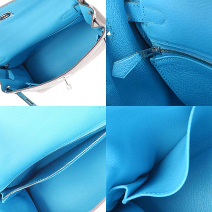 Hermes Kelly 28 Inseam Etoupe/Blue Aztic Palladium Metal Fittings N Engraved (around 2010) Ladies Togo Bag