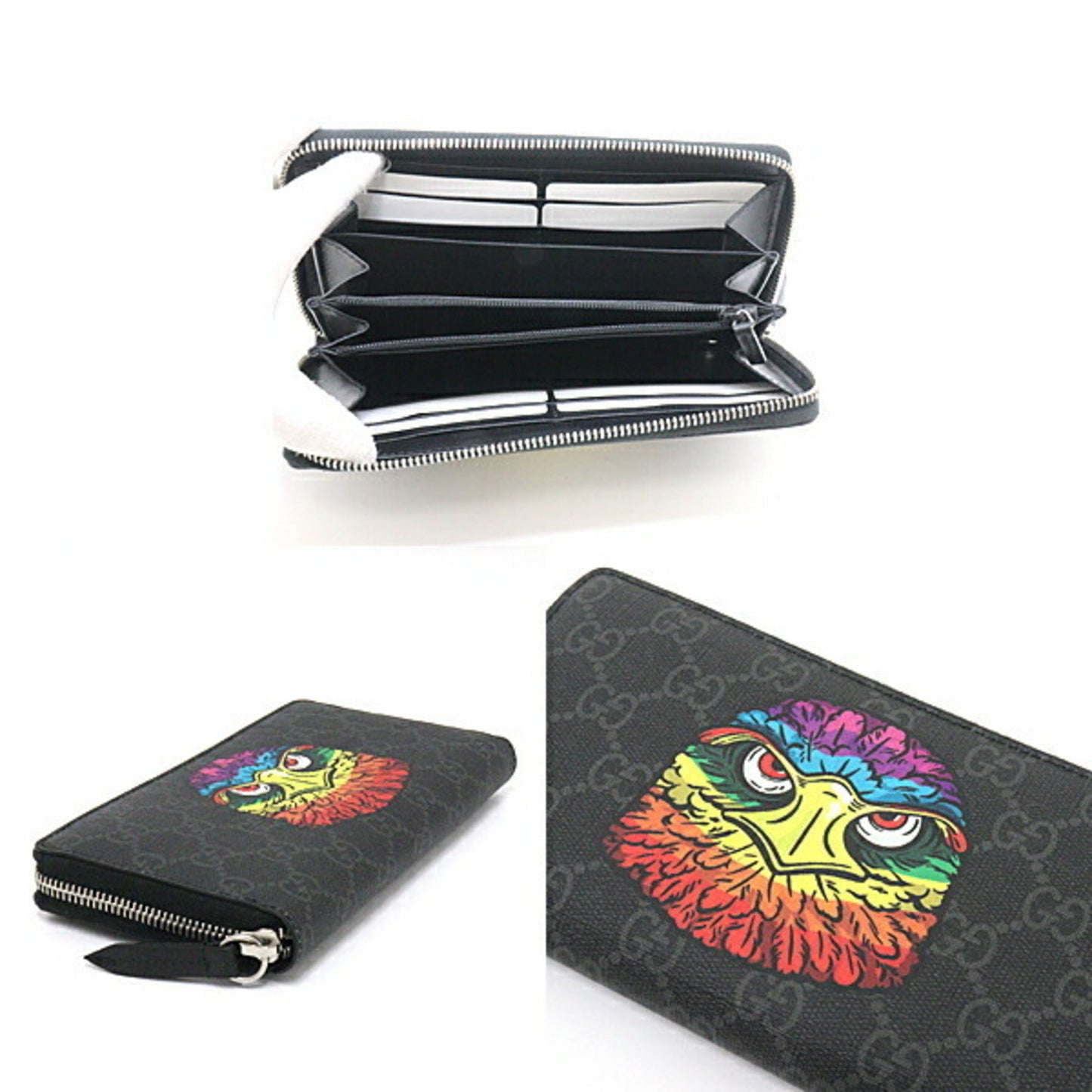 Gucci Bestiary Eagle Print GG Supreme Zip Around Black/Gray/Multicolor 451273 Round Long Wallet