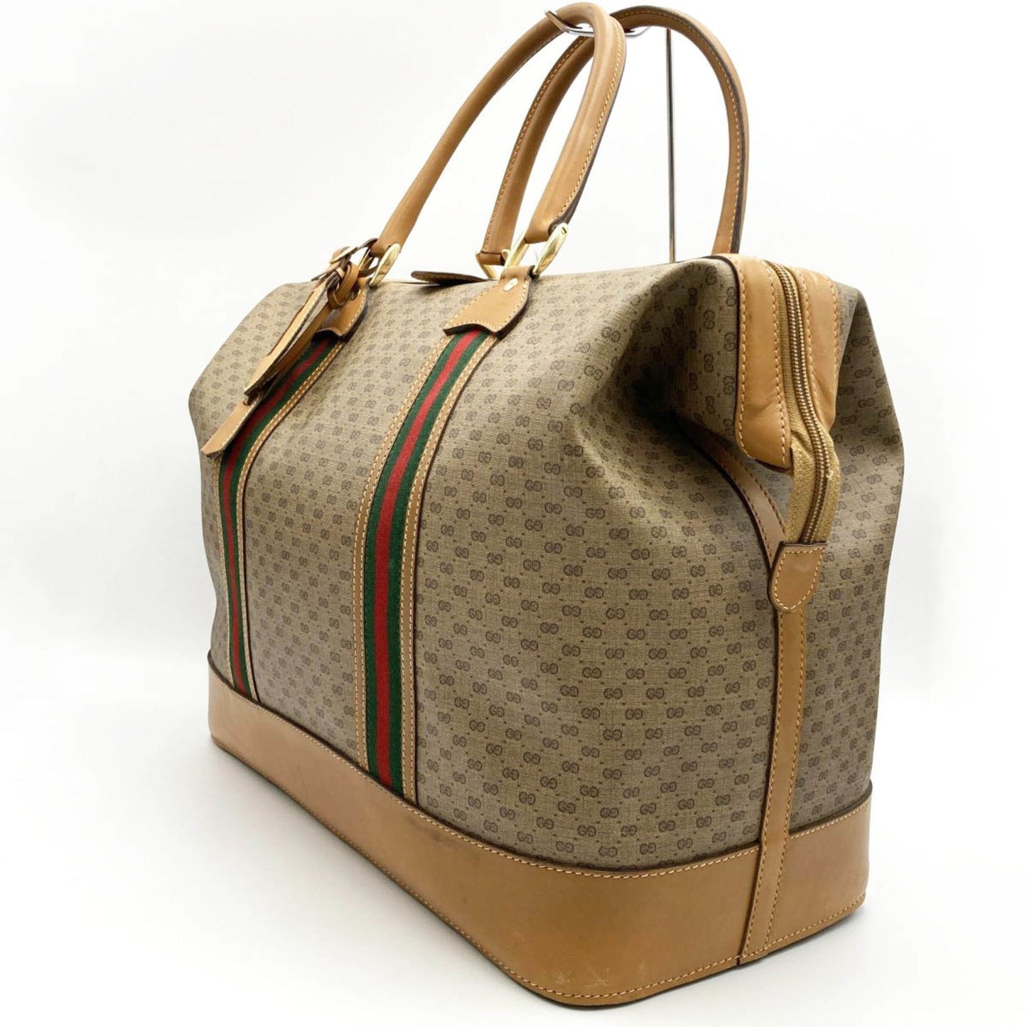 GUCCI Boston Bag Travel Micro GG Sherry Line Beige Brown PVC Leather Women's Men's 012 122