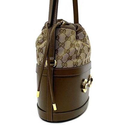 Gucci Bucket Bag Brown Beige Gold Horsebit 602118 1dbug 2363 Canvas Leather GUCCI GG Shoulder Women's